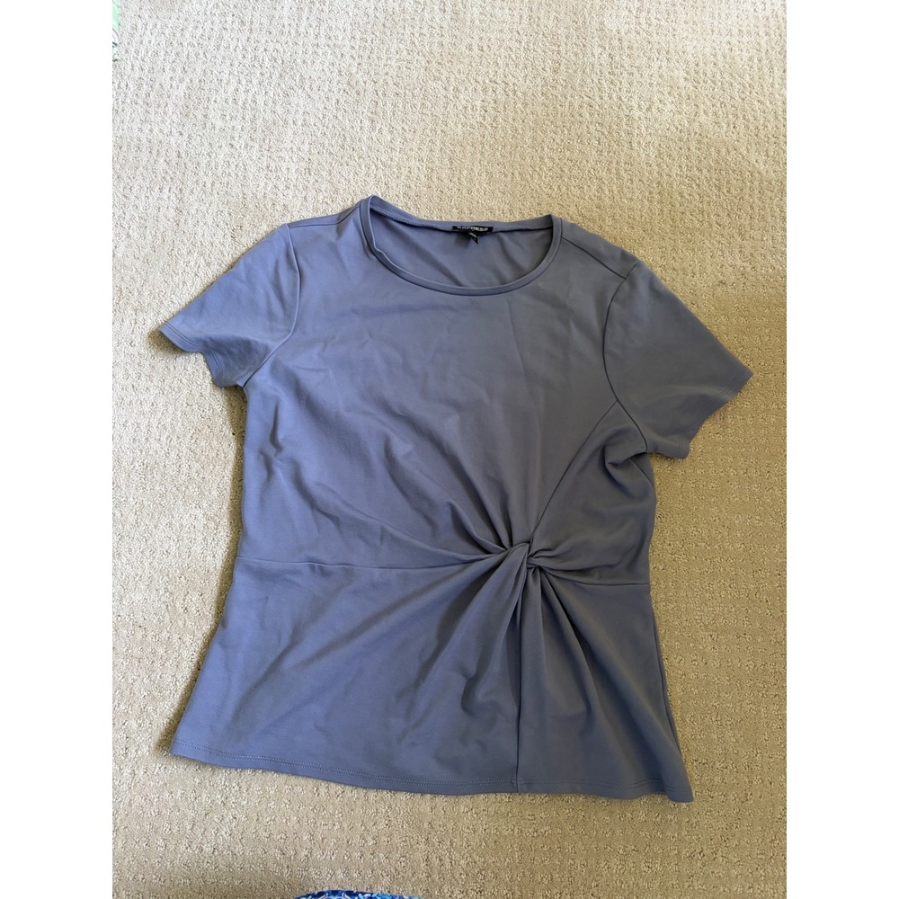 Express Womens Large Blue Purple Twist Front Short Sleeve Crew Neck Top
